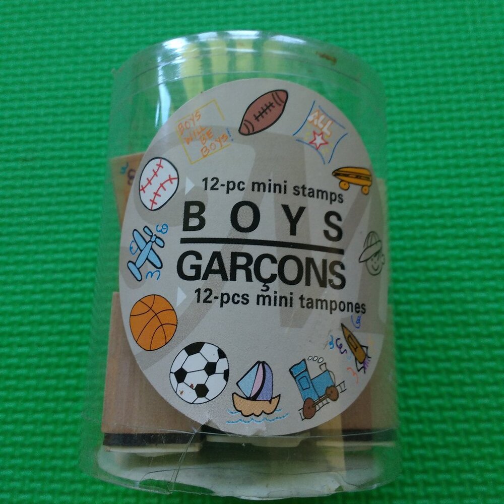 Rubber Stamp Wood Mounted Boys 12 pieces Mini Stamps in Tub Michaels Store New